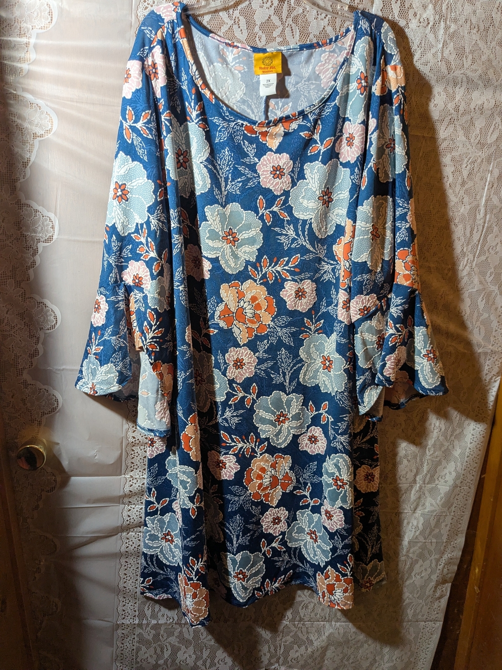 RUBY RD. floral Blue Swing Dress with Tulip Sleeves 2X